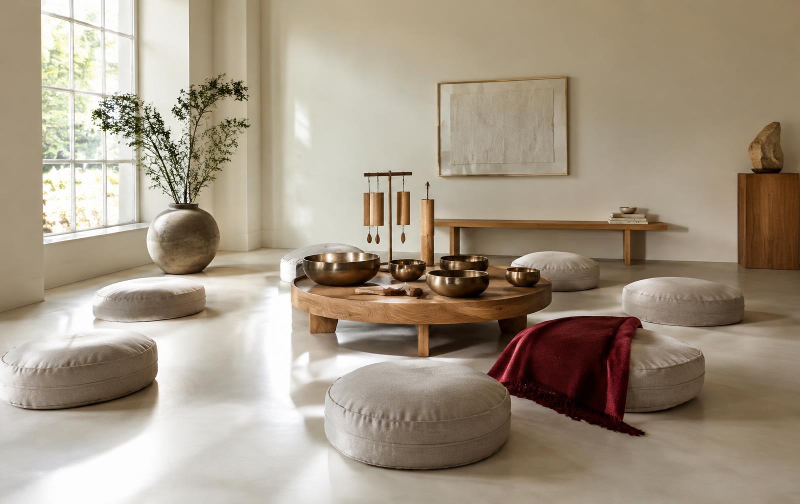 A calm studio with linen cushions arranged around singing bowls and chimes